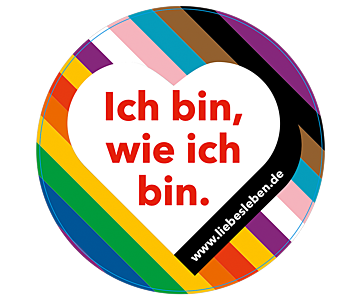 Vorderseite des Aufklebers "Ich bin, wie ich bin." Auf der Rückseite neben dem Logo der BZgA und von LIEBESLEBEN die Kontaktdaten der Telefon- und Onlineberatung zu sexueller und geschlechtlicher Vielfalt.