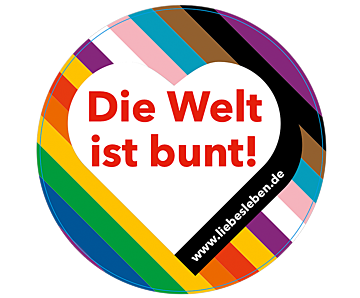 Vorderseite des Aufklebers "Die Welt ist bunt." Auf der Rückseite neben dem Logo der BZgA und von LIEBESLEBEN die Kontaktdaten der Telefon- und Onlineberatung zu sexueller und geschlechtlicher Vielfalt.