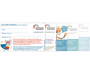 Das Bild zeigt eine Vorschau des Mediums 'Diabetes Notfallausweis in verschiedenen Designs im Scheckkartenformat' 