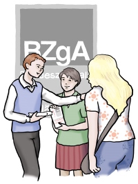 Zwei Personen erklären einer Person etwas vor einem Logo der BZgA